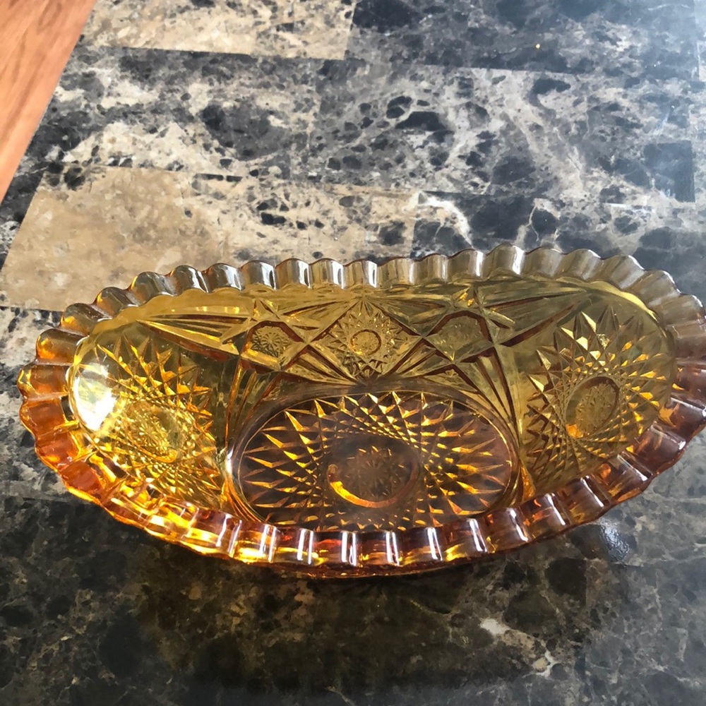 Vintage Amber cut/pressed glass boat trinket bowl